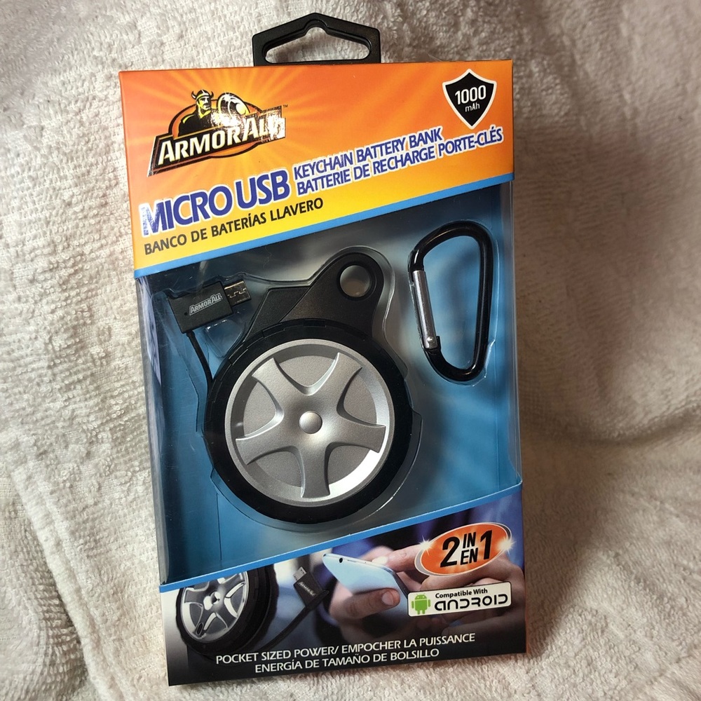 ArmorAll micro USB keychain battery bank with carabiner pocket sized power bank